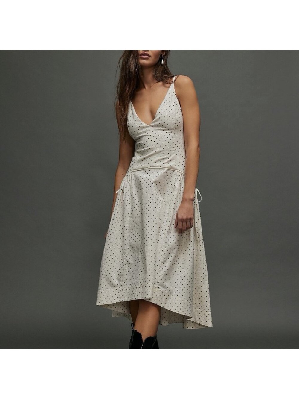 NEW Free People Julep White Drop Waist Midi Dress Black Polka Dots Size Medium